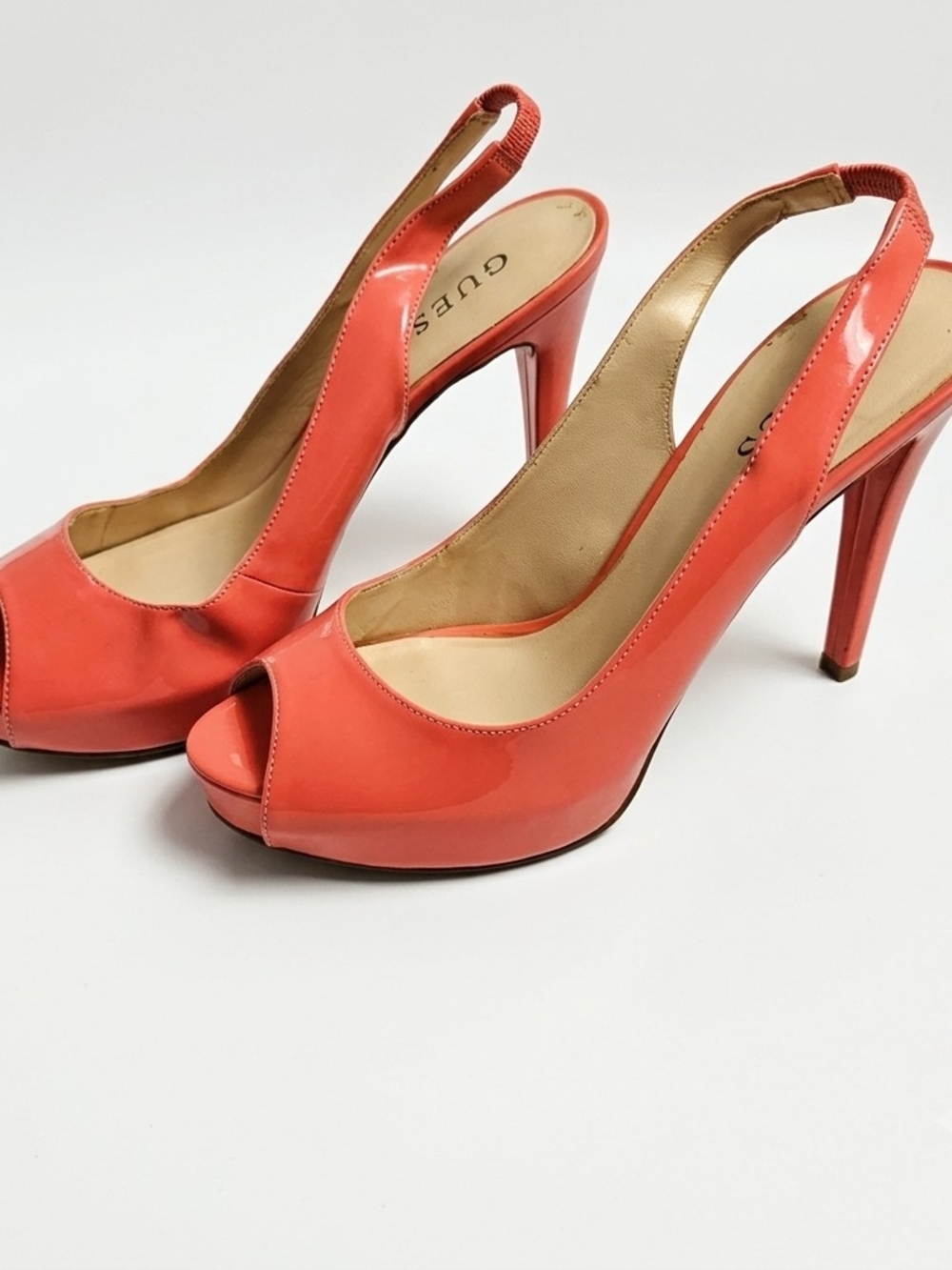 GUESS Layla Coral Patent Platform Heels Peep Toe Slingback Stiletto 7.5M Y2K